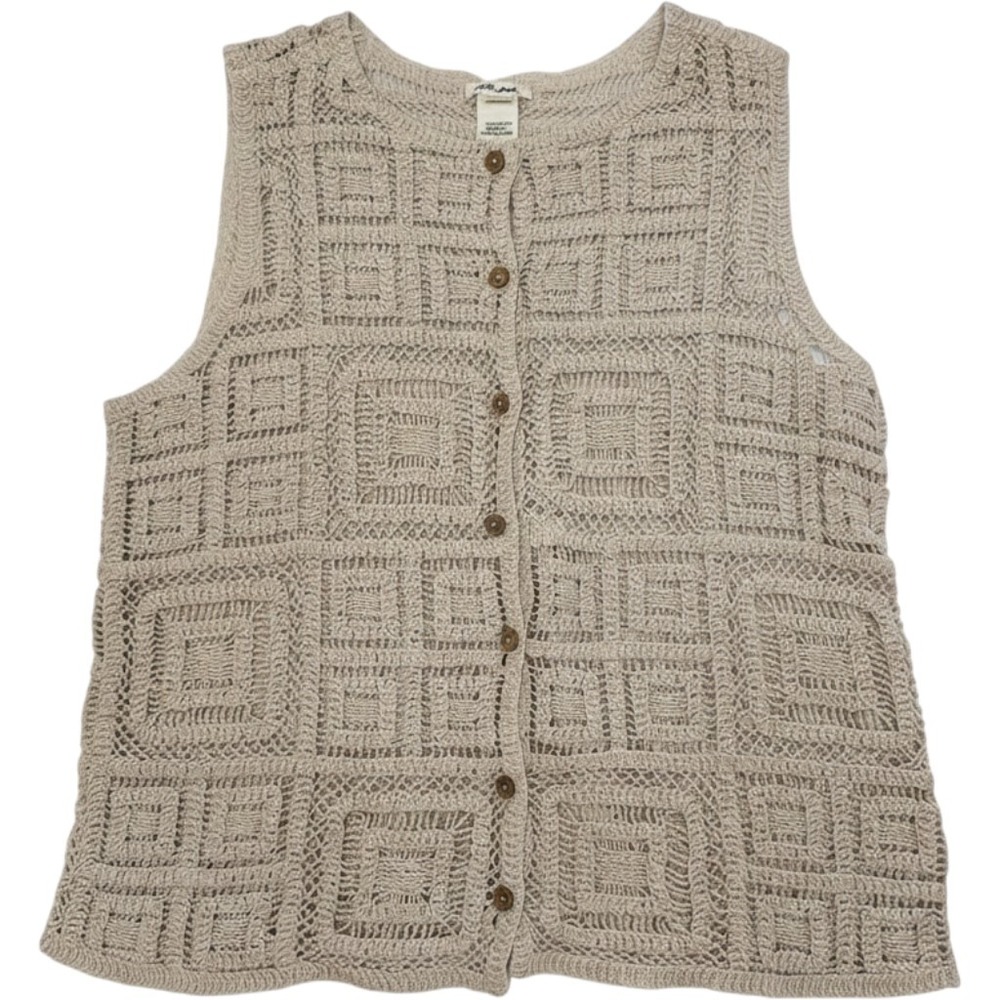 Roolee Crochet Knit Button Up Vest Beige Open Weave Boho Cottagecore